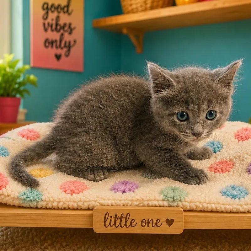 A baby medium-sized male Gray / Blue / Silver Domestic Short Hair cat named Mort for adoption in Jamestown, ND