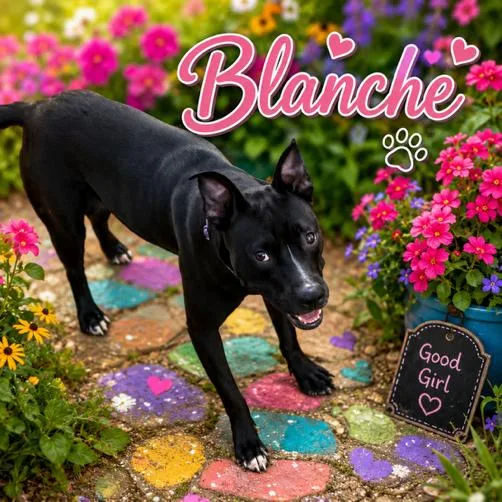 A young medium-sized female Black American Staffordshire Terrier dog named Blanche for adoption in Mooresville, IN