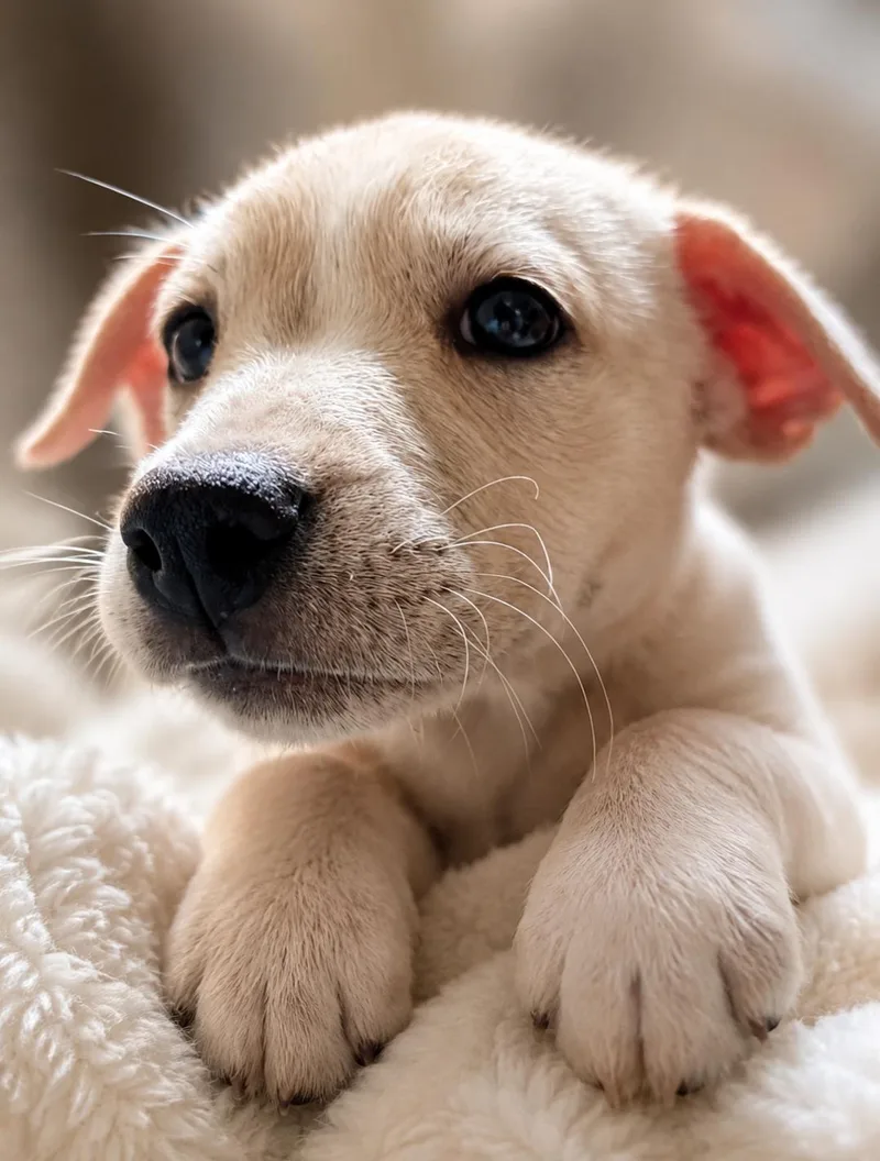 A baby medium-sized female White / Cream Labrador Retriever dog named Tula for adoption in Pflugerville, TX