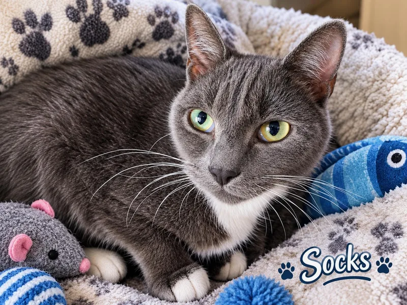 A young medium-sized female Gray & White Domestic Short Hair cat named Socks Miller for adoption in Oviedo, FL