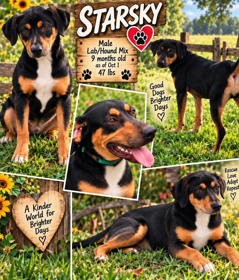 A young medium-sized male Labrador Retriever dog named Starsky for adoption in Jackson, TN