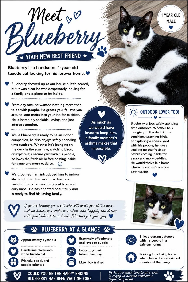 A young medium-sized male Black & White / Tuxedo Tuxedo cat named Blueberry for adoption in Southern Pines, NC