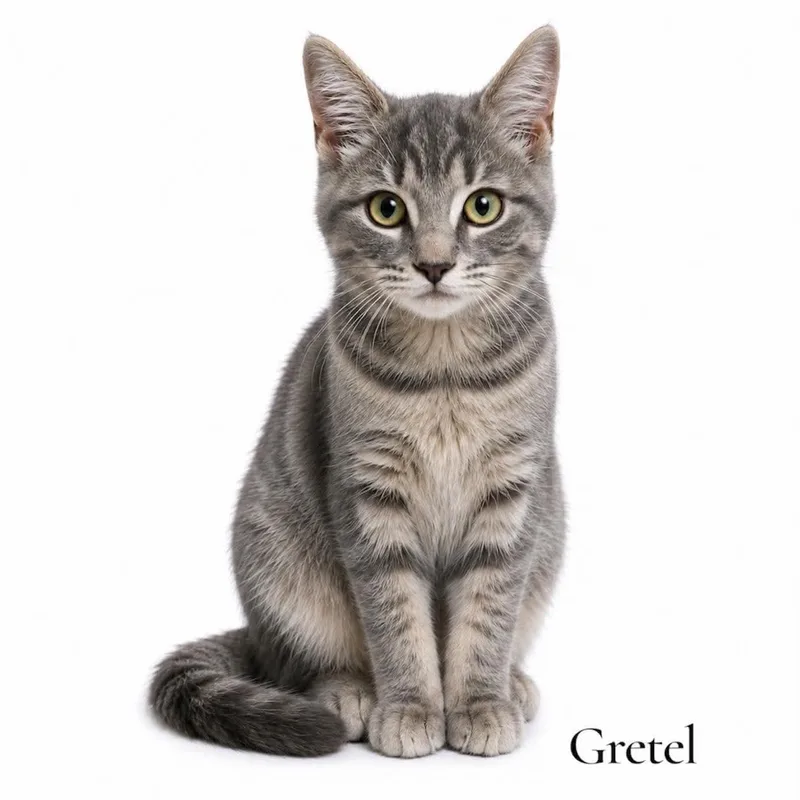 A baby medium-sized female Tabby (Gray / Blue / Silver) Domestic Short Hair cat named Gretel for adoption in Stevensville, MI