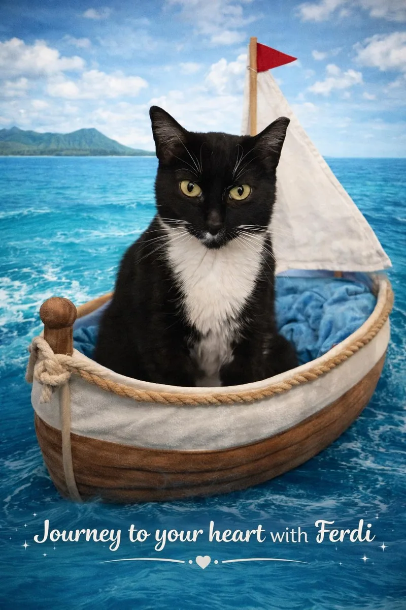 An adult medium-sized female Tuxedo cat named Ferdi for adoption in Greenville, DE