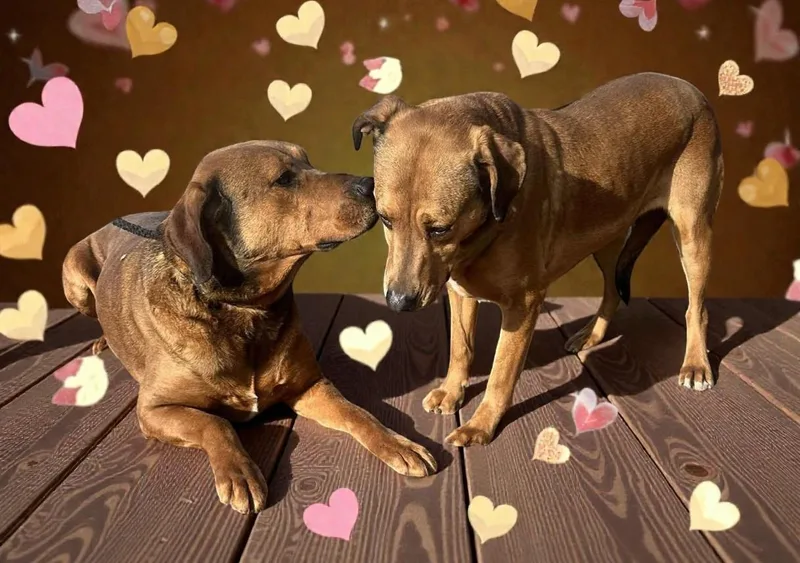 An adult large-sized female Yellow / Tan / Blond / Fawn Hound dog named Ember & Bailey for adoption in Ventura, CA