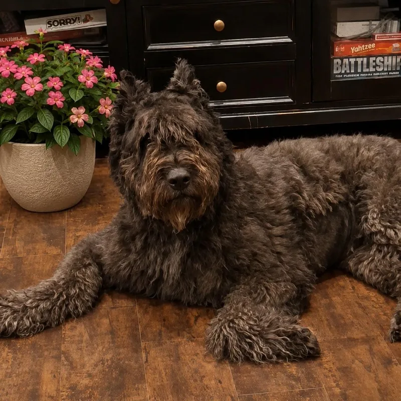 An adult large-sized female Gray / Blue / Silver Bouvier des Flandres dog named Coco for adoption in Alachua, GA