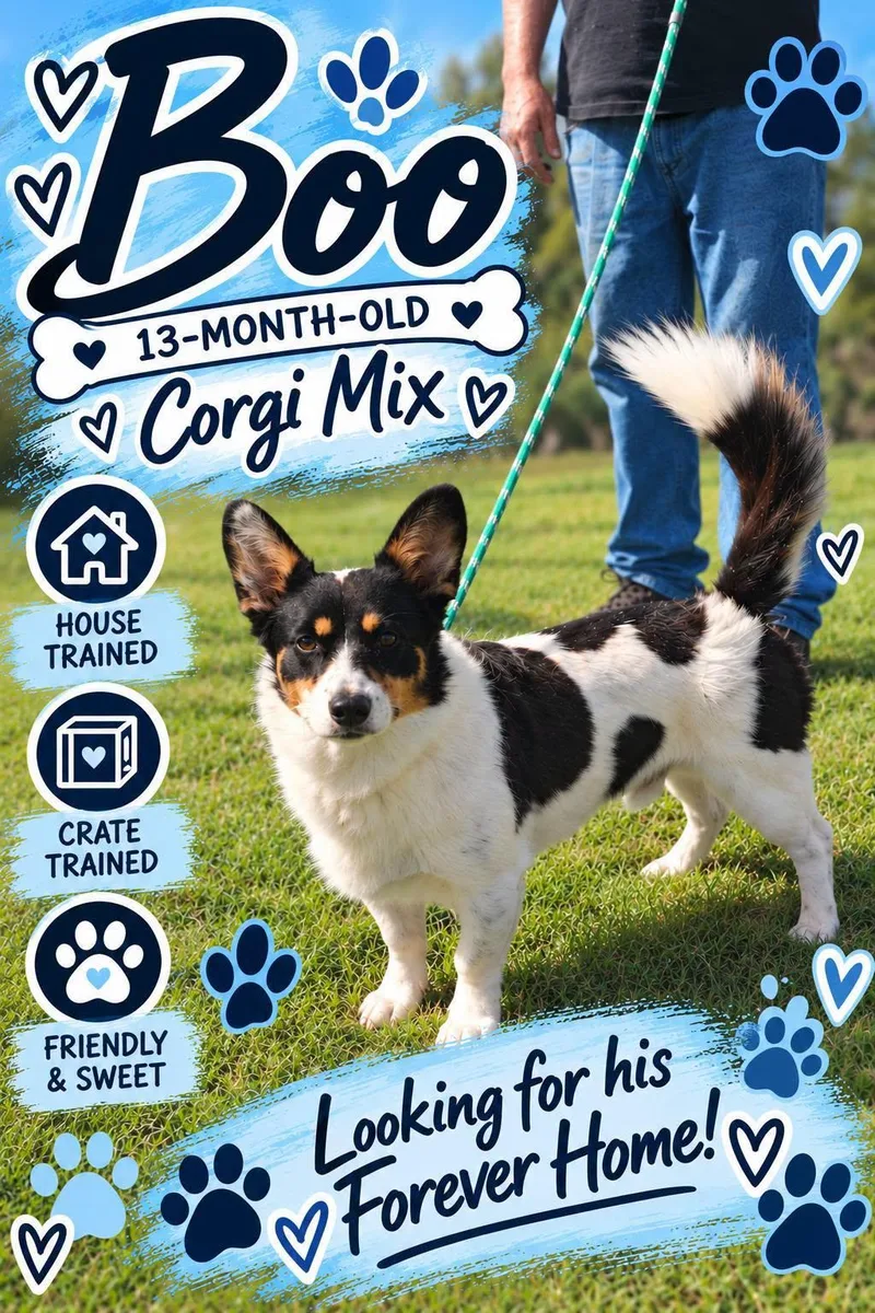 A young medium-sized male Corgi dog named Boo for adoption in Fort Worth, TX