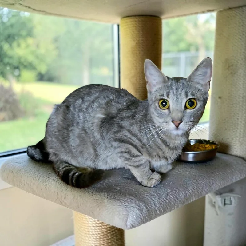 A young medium-sized female Tabby (Gray / Blue / Silver) Domestic Short Hair cat named Reedie for adoption in Kenhorst, PA