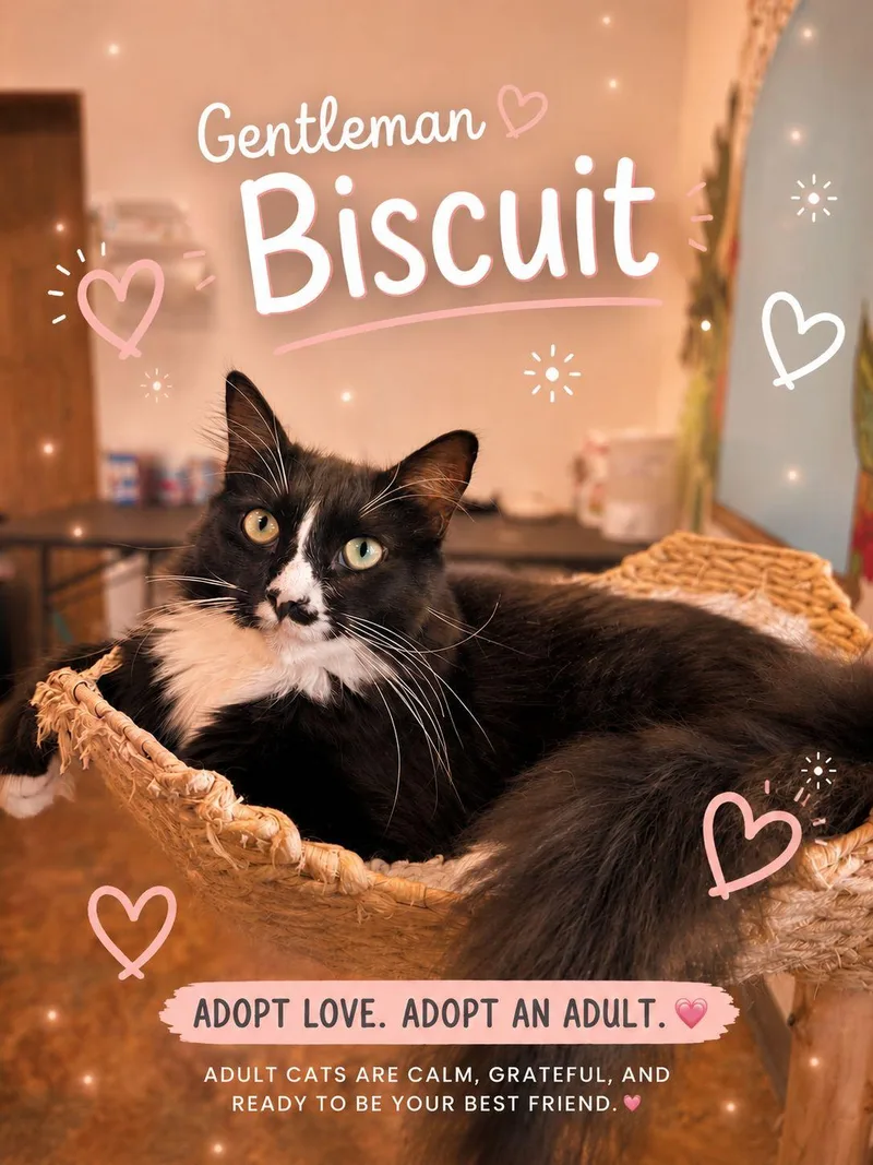 A young large-sized male Black & White / Tuxedo Domestic Long Hair cat named Biscuits for adoption in Miami Beach, FL