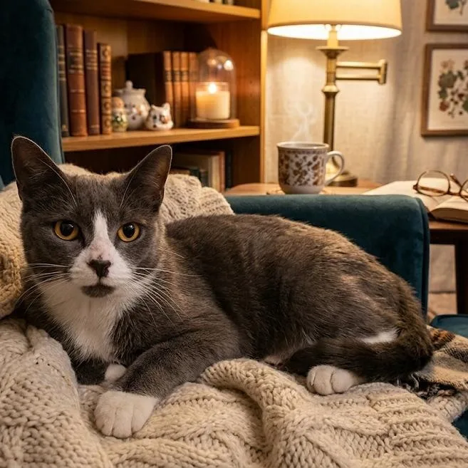 An adult medium-sized female Gray & White Tuxedo cat named Arkham for adoption in Maple Shade, NJ
