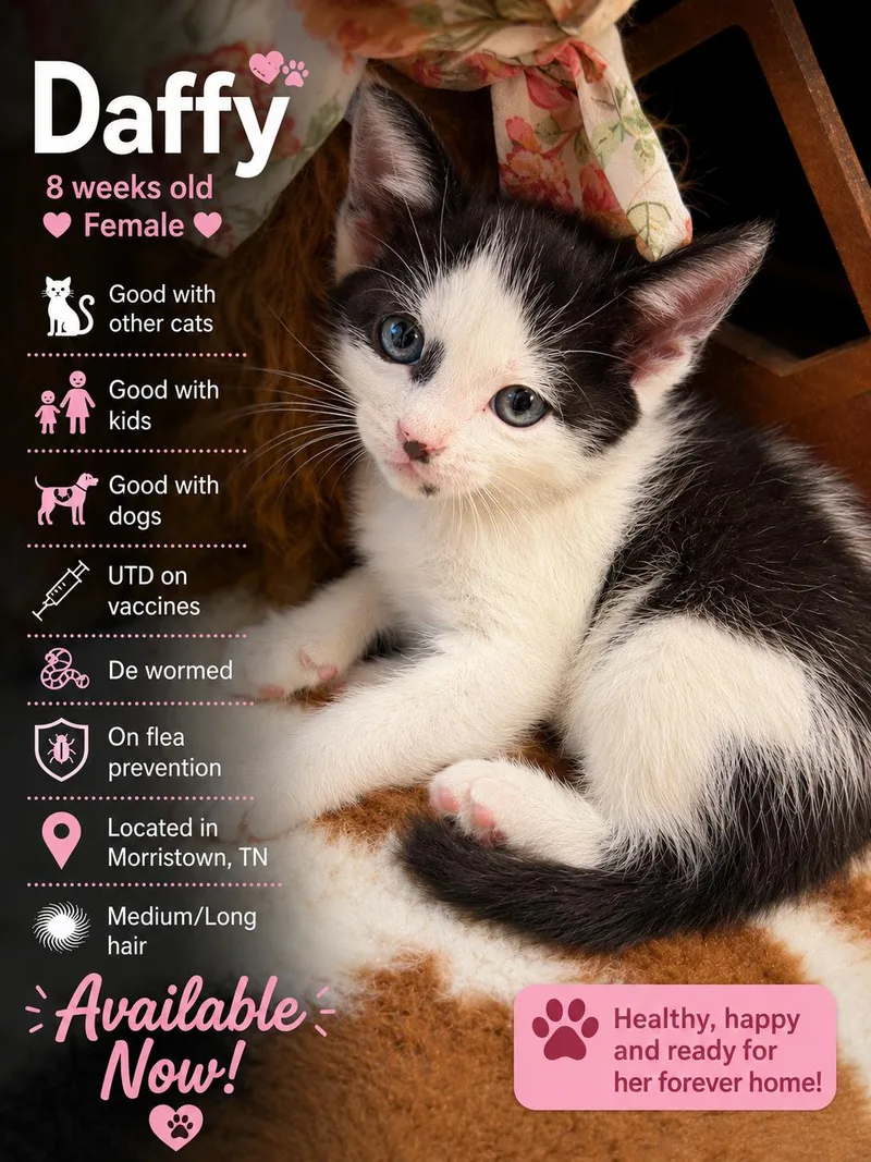 A baby small-sized female Buff & White Domestic Medium Hair cat named Daffy for adoption in toledo, OH