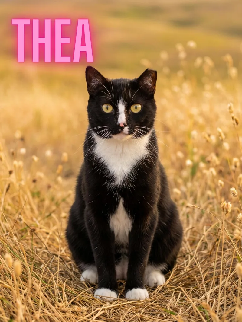 A young medium-sized female Black & White / Tuxedo Domestic Short Hair cat named Thea for adoption in Orleans, VT