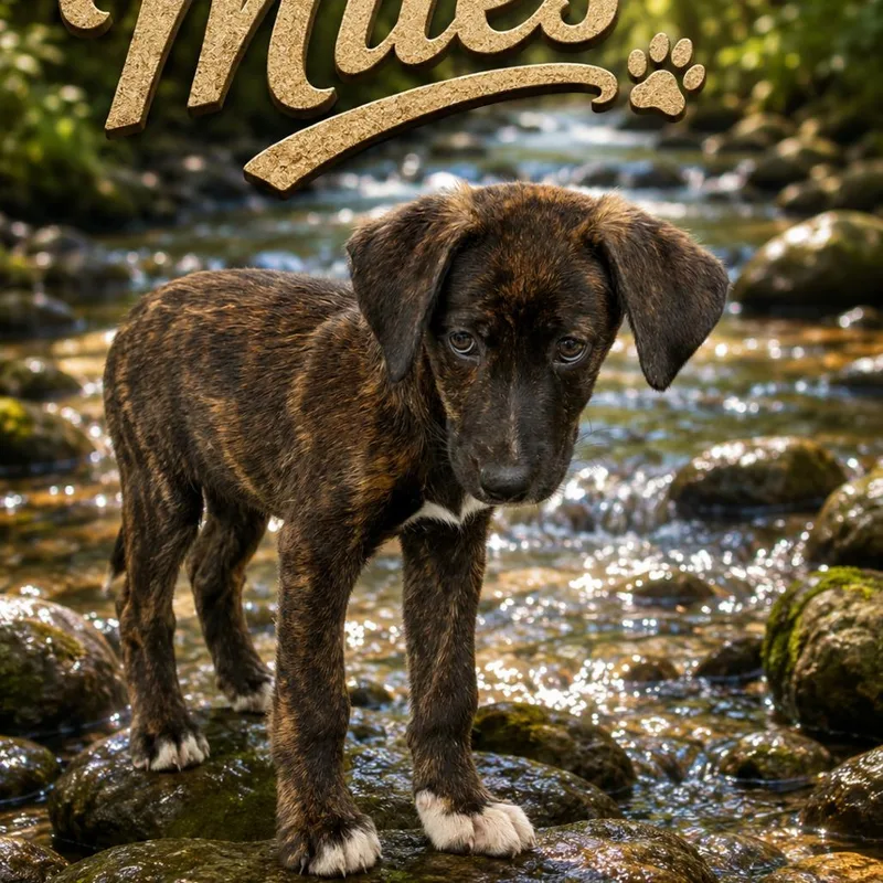 A baby medium-sized male Brindle Mixed Breed dog named Miles for adoption in Hohenwald, TN