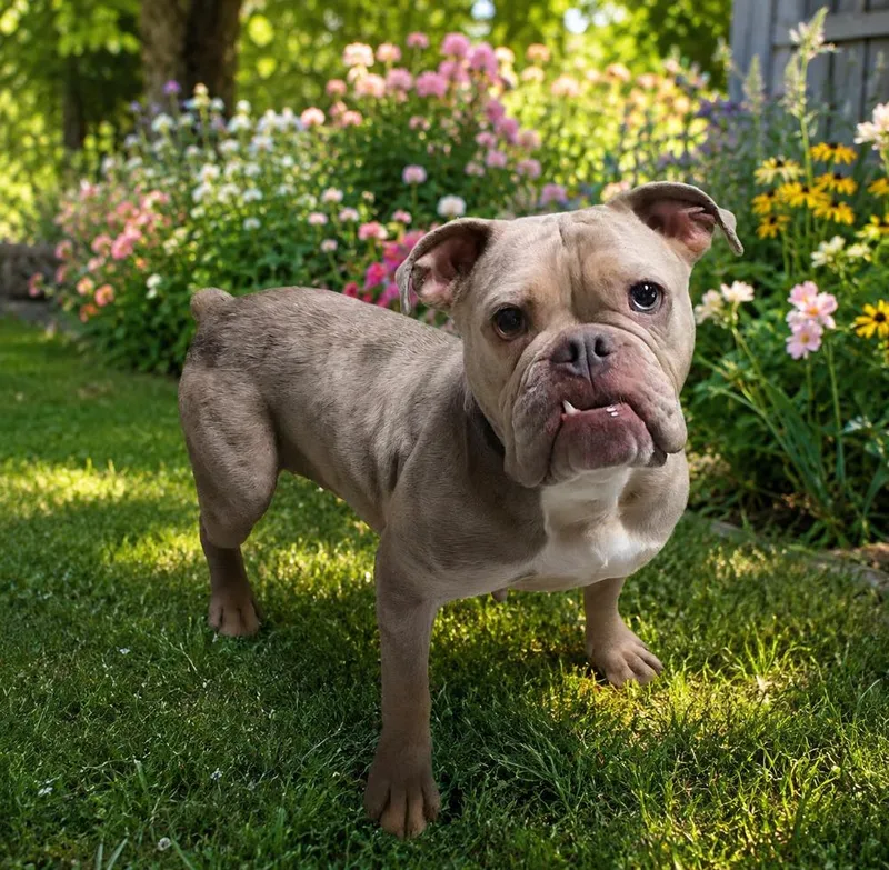 An adult medium-sized female Merle (Red) English Bulldog dog named Lily for adoption in Oakland, MI