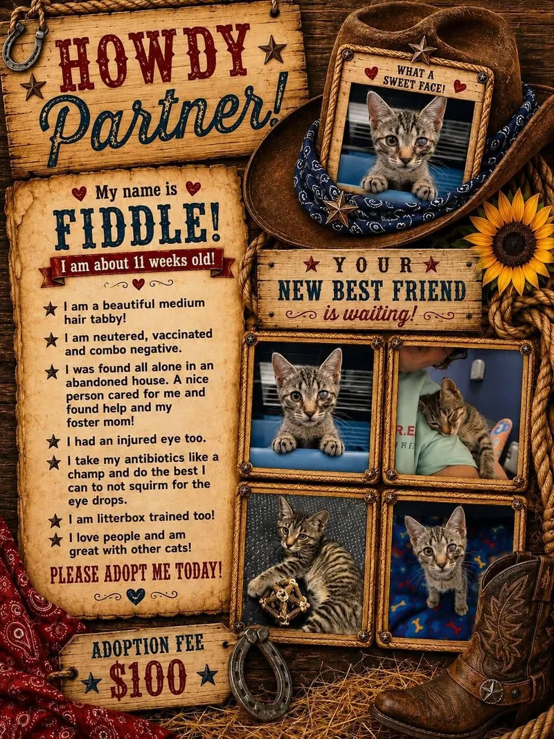 A baby small-sized male Tabby (Buff / Tan / Fawn) Domestic Medium Hair cat named Fiddle for adoption in Lexington, NC