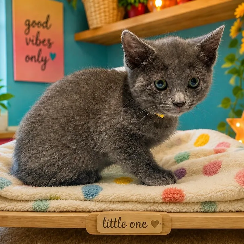 A baby medium-sized female Gray / Blue / Silver Domestic Short Hair cat named Fossa for adoption in Jamestown, ND