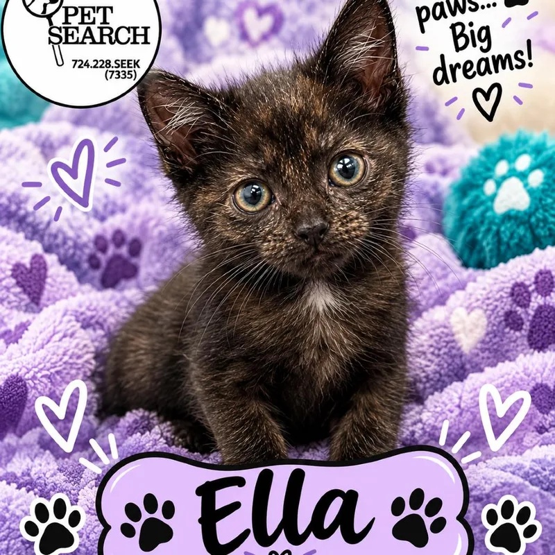 A baby small-sized female Black Domestic Short Hair cat named Ella for adoption in Washington, PA