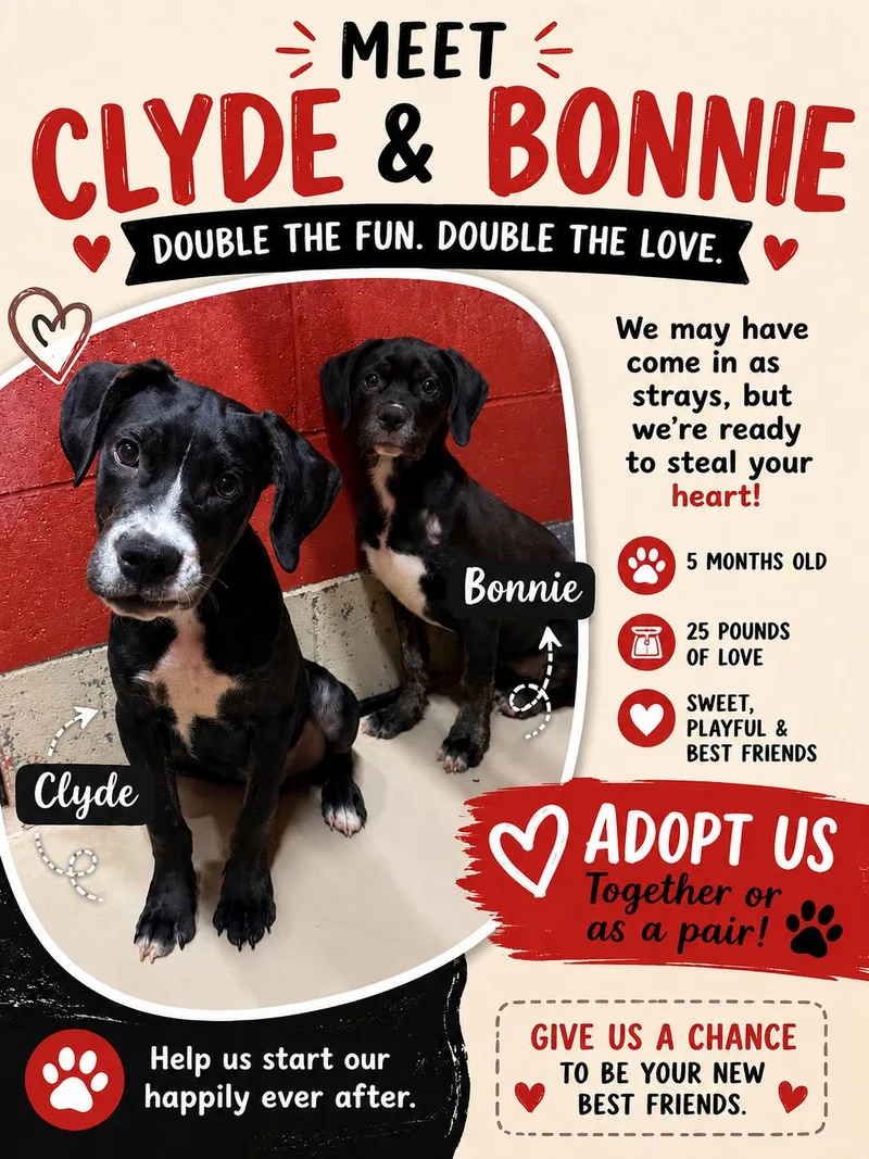A baby medium-sized female Black Boxer dog named Bonnie and Clyde for adoption in Elberton, GA
