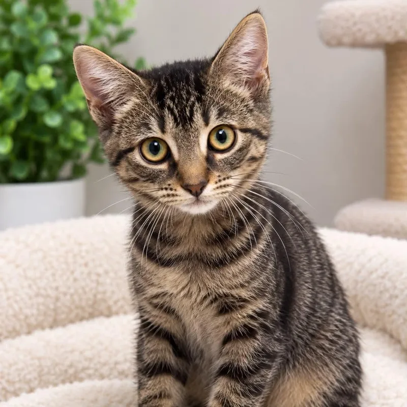 A baby medium-sized female Tabby (Brown / Chocolate) Domestic Short Hair cat named Sassy for adoption in Sewell, NJ
