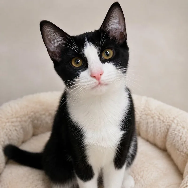 A baby medium-sized male Black & White / Tuxedo Domestic Short Hair cat named Pete Davidson for adoption in Cranston, RI