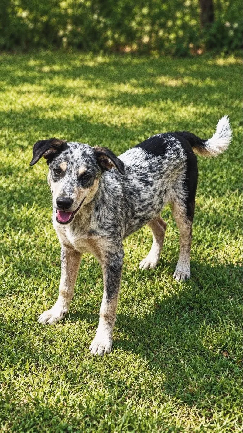A young large-sized female Australian Cattle Dog / Blue Heeler dog named Skittles for adoption in New Baltimore, MI
