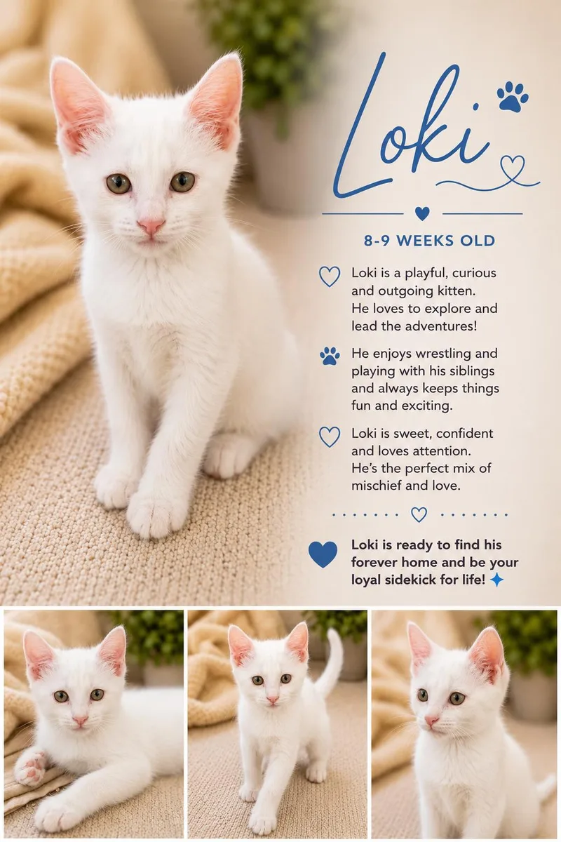A baby medium-sized male White Domestic Short Hair cat named Loki Magnus for adoption in Phoenix, AZ