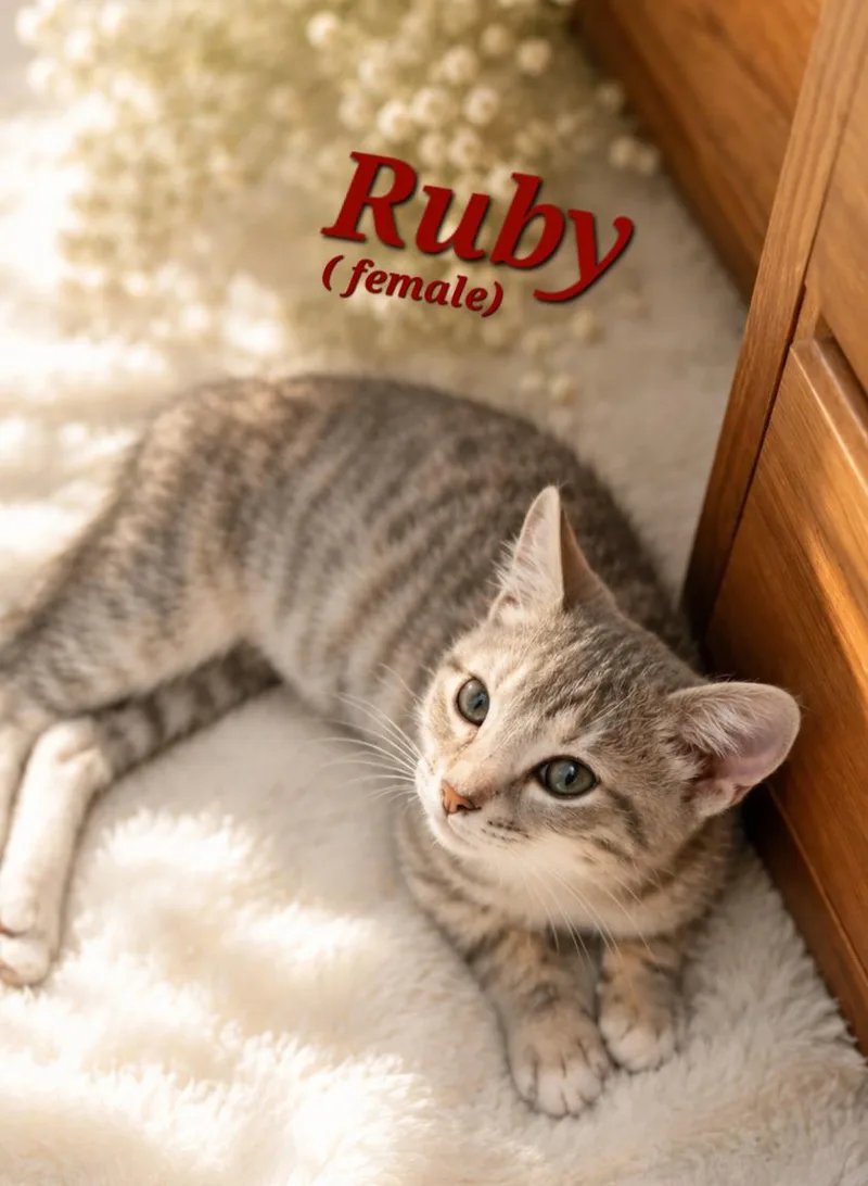A baby small-sized female Dilute Calico Tabby cat named Ruby for adoption