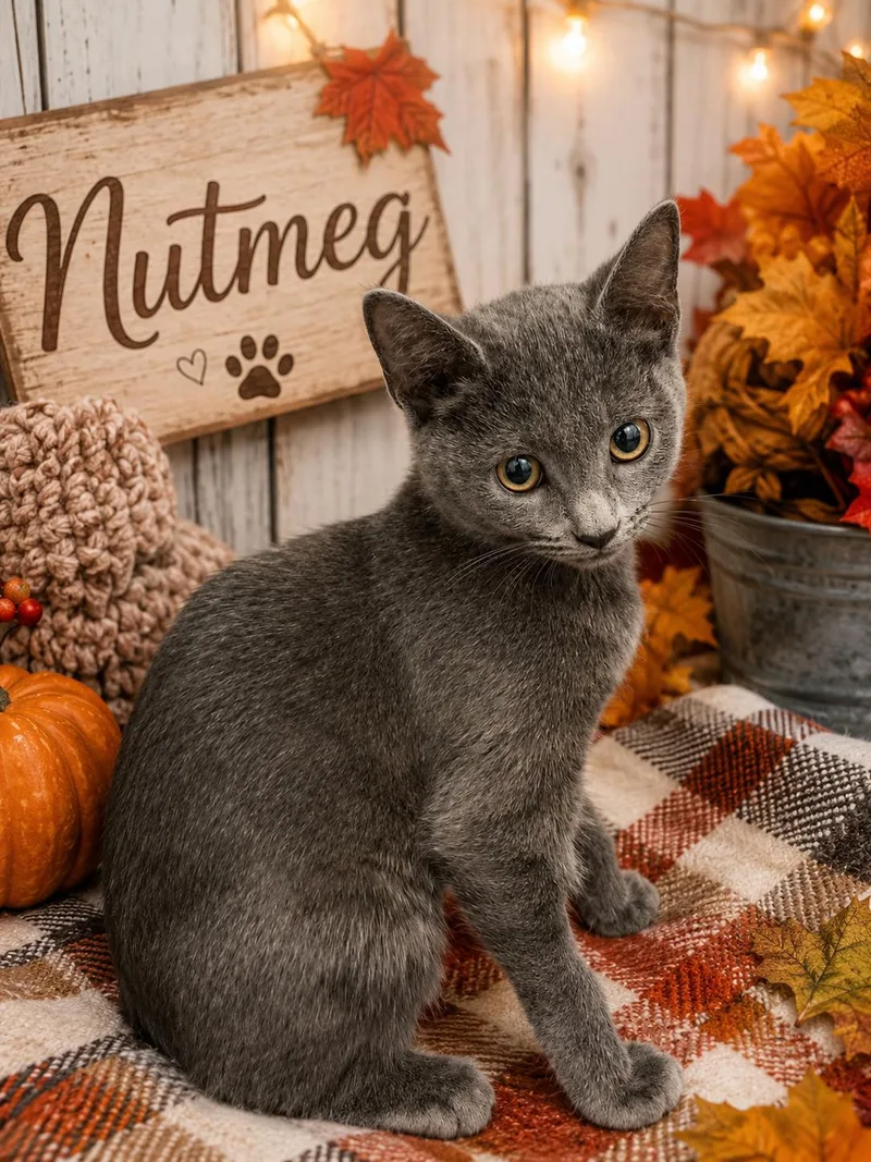A baby medium-sized female Gray / Blue / Silver Domestic Short Hair cat named Nutmeg for adoption in Orleans, VT