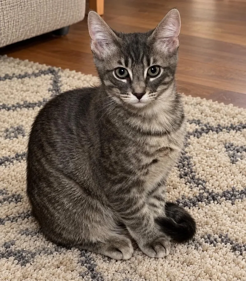A baby small-sized female Gray / Blue / Silver Tabby cat named Shayla for adoption in Dallas, TX