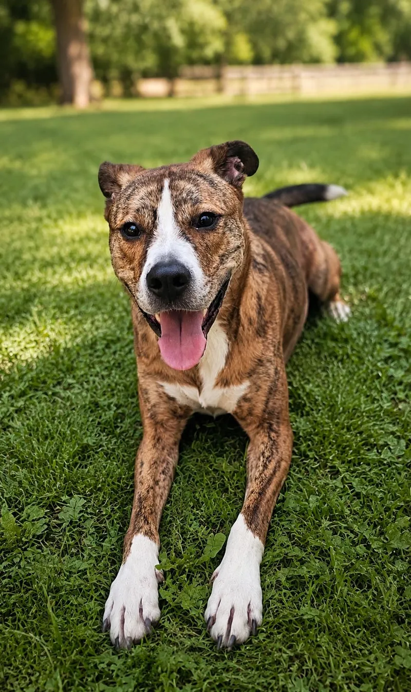An adult large-sized male Brindle Boxer dog named Arum for adoption in Wooster, OH