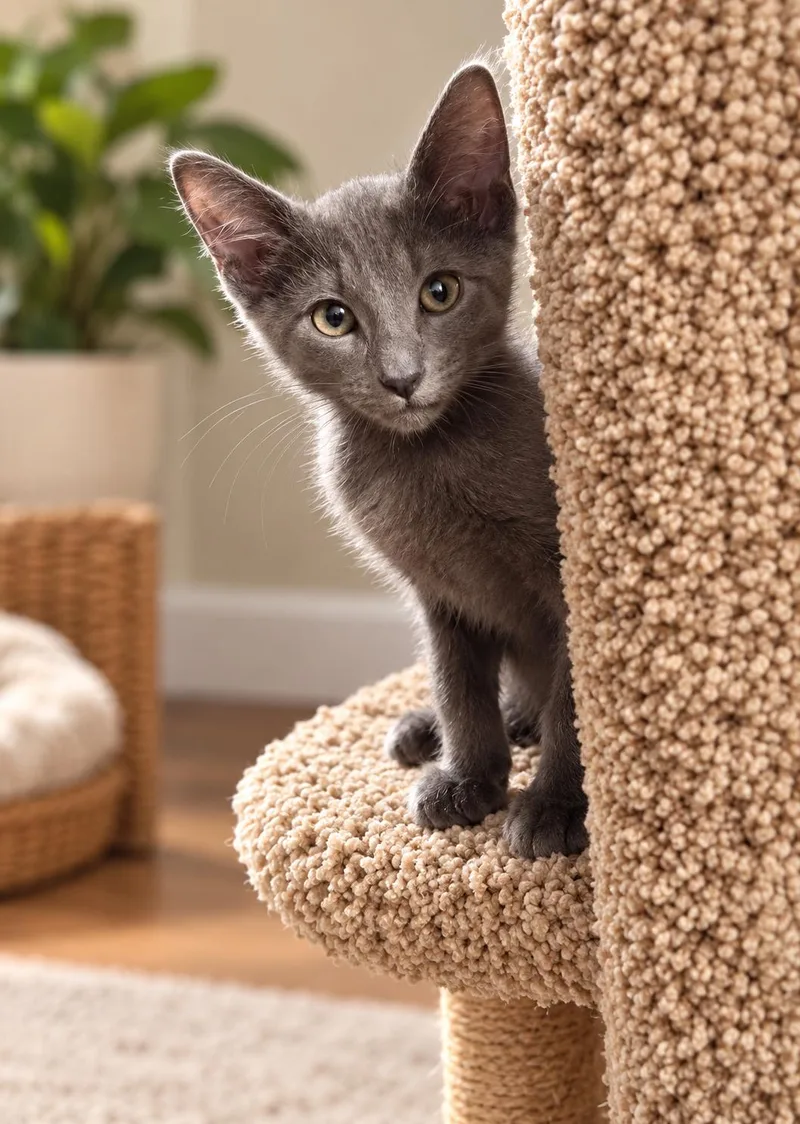 A baby medium-sized male Russian Blue cat named Eio for adoption in Santa Cruz, CA