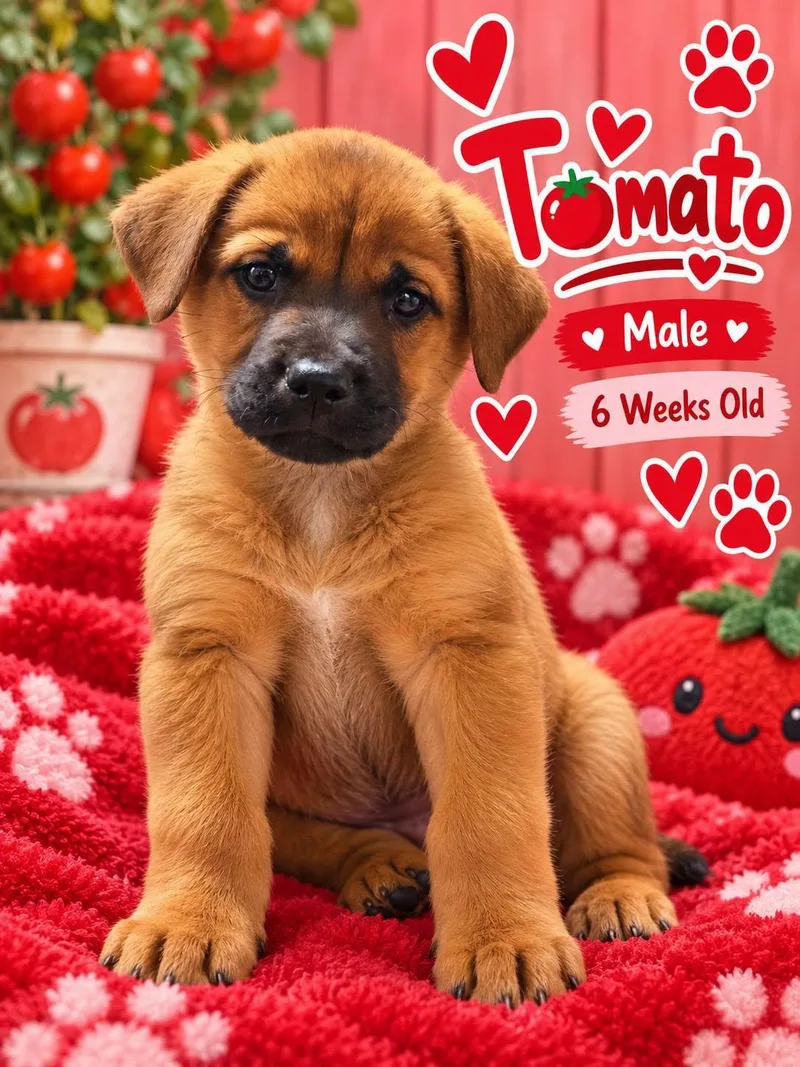 A baby medium-sized male Black Mouth Cur dog named Tomato for adoption in Fort Worth, TX