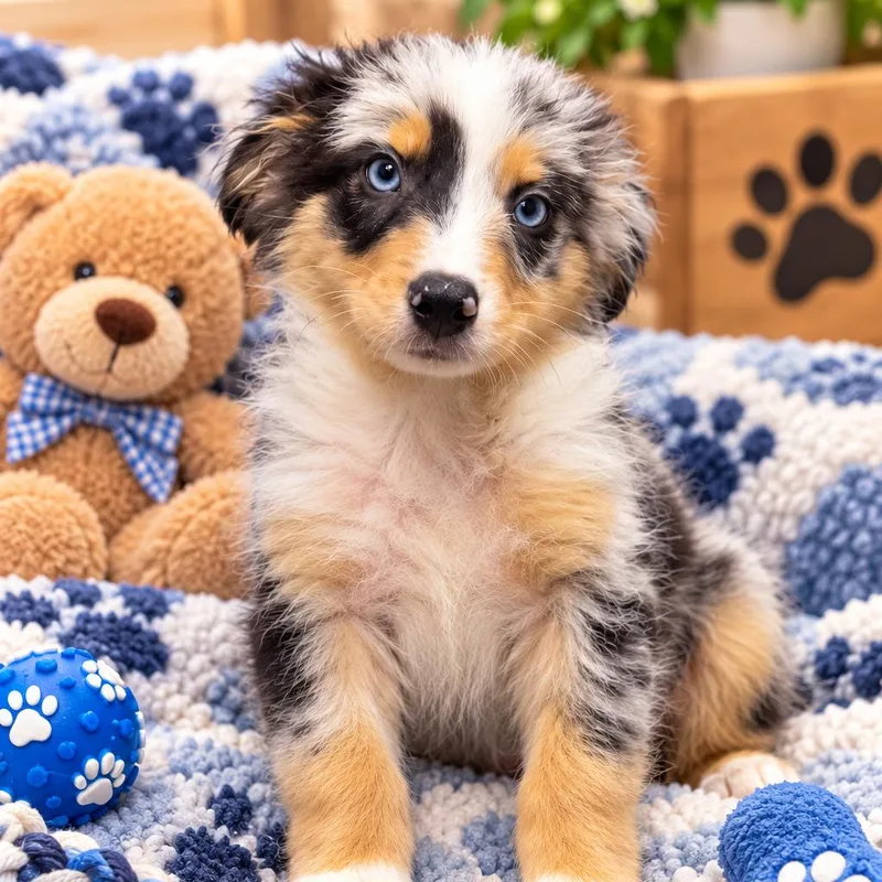 A baby small-sized male Gray / Blue / Silver Australian Shepherd dog named Robert for adoption in Fresno, CA