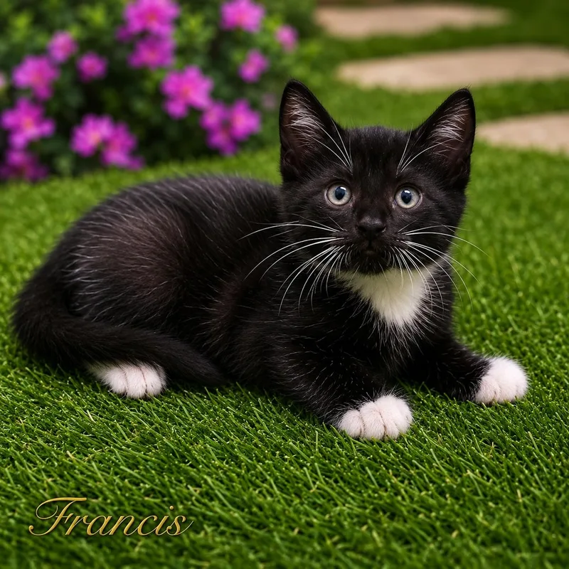 A baby medium-sized male Black & White / Tuxedo Tuxedo cat named Francis for adoption in Charlotte, NC