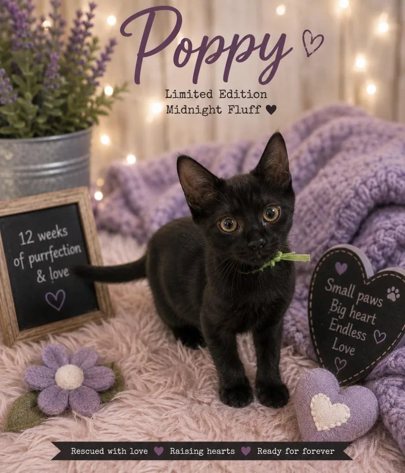 A baby small-sized male Black Domestic Short Hair cat named Poppy for adoption in Ephrata, WA