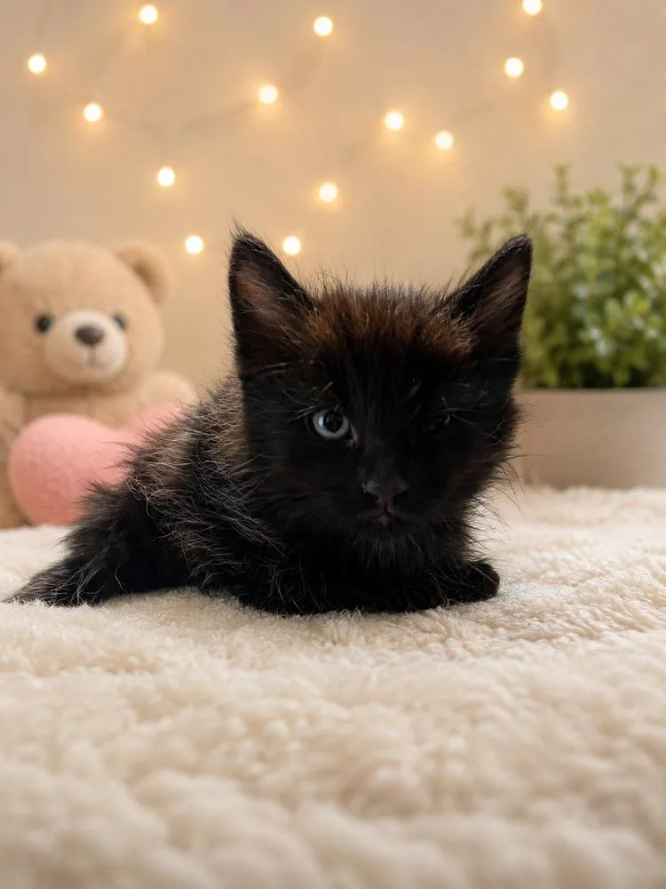 A baby small-sized female Black Domestic Long Hair cat named Johnny for adoption in Calimesa, CA