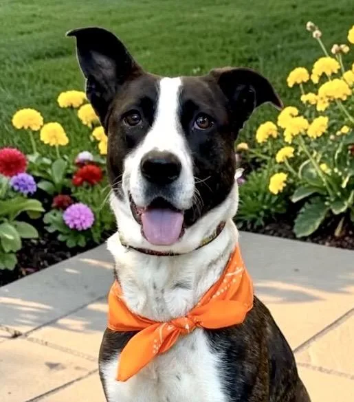 A young medium-sized female Brindle Shepherd dog named Sedona for adoption in Perry, IA
