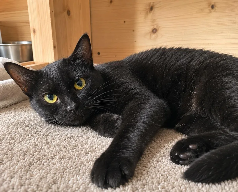 An adult medium-sized female Black Domestic Short Hair cat named Susie for adoption in Orange, CA