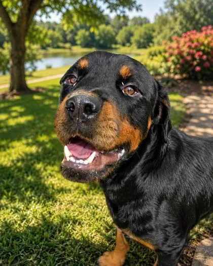 An adult large-sized male Rottweiler dog named Au Grotten for adoption in Savannah, GA