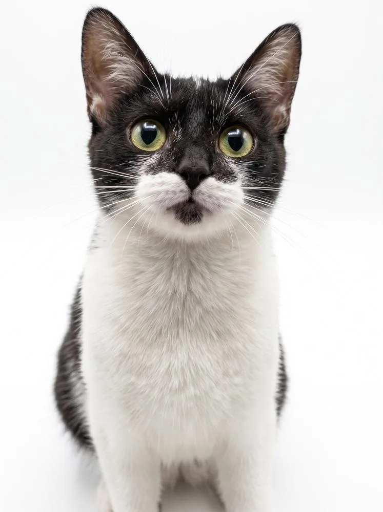 A young small-sized female Black & White / Tuxedo Domestic Short Hair cat named Sylvi for adoption in Homer Glen, IL