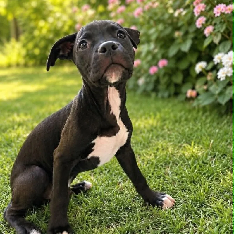 A baby medium-sized male Black Pit Bull Terrier dog named Bruce for adoption in Fort Worth, TX