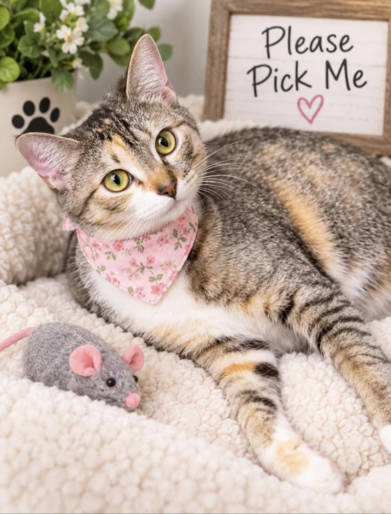 A young medium-sized female Dilute Calico cat named Betty for adoption in Mount Laurel, NJ