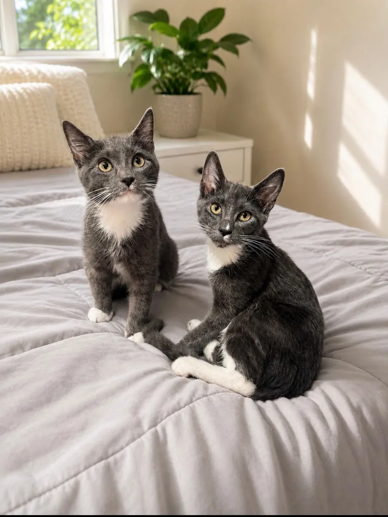 A baby medium-sized male Gray & White Domestic Short Hair cat named Rumi and Jinu for adoption in Farmington, MN