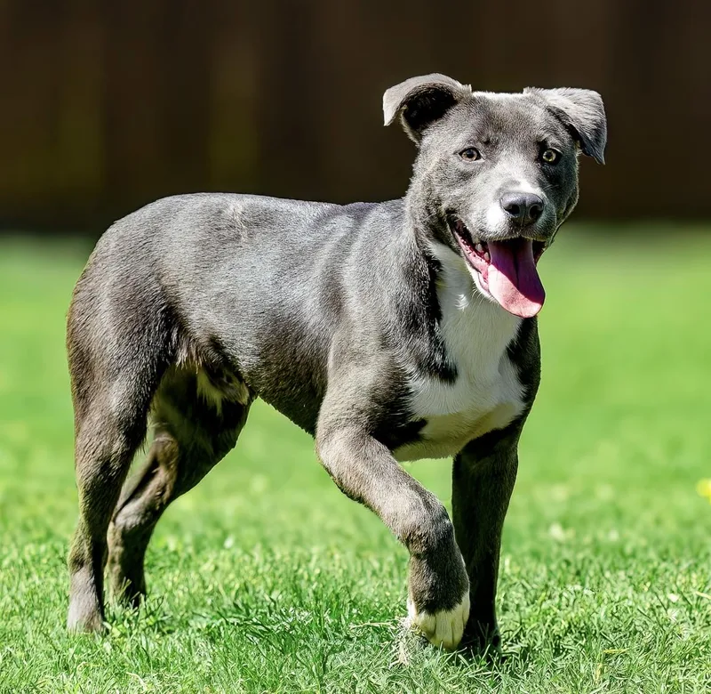 A young medium-sized male Gray / Blue / Silver American Staffordshire Terrier dog named Sapporo for adoption in Tomball, TX