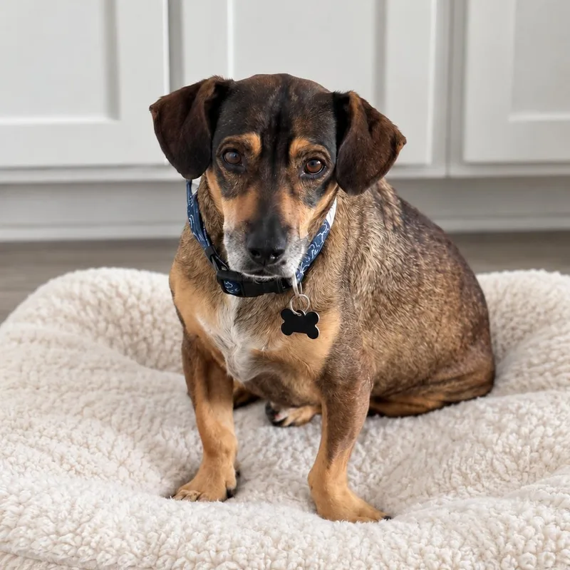 A senior medium-sized male Bicolor Basset Hound dog named Peter for adoption in Austin, TX