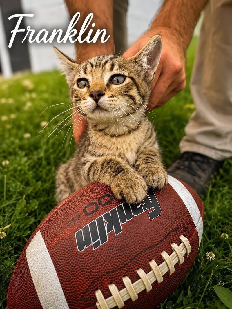 A baby large-sized male Brown / Chocolate Tabby cat named Franklin for adoption in Decorah, IA