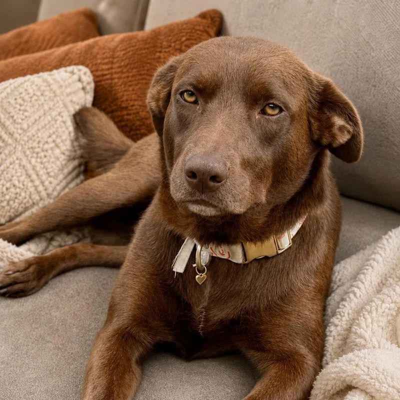 An adult medium-sized female Brown / Chocolate Chocolate Labrador Retriever dog named Zuma for adoption in Houston, TX