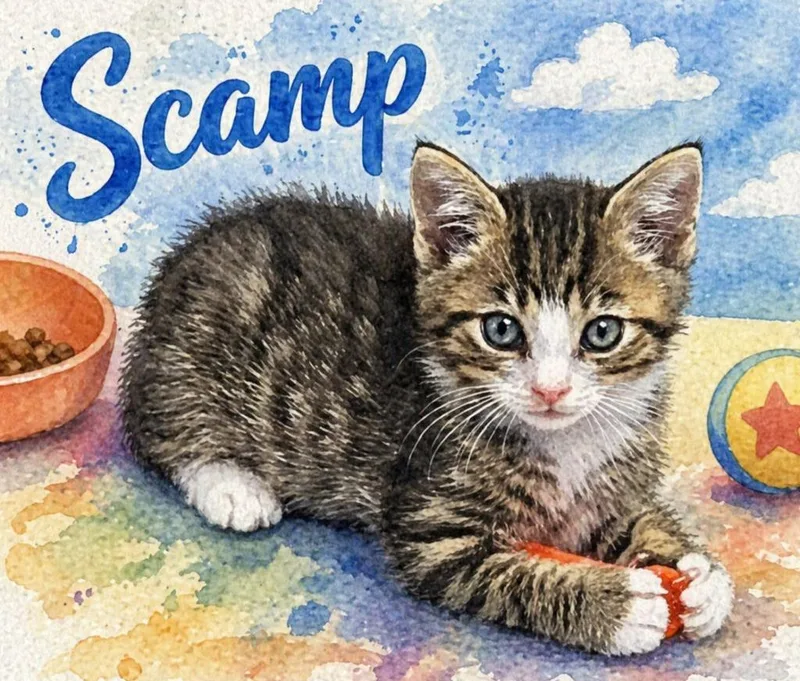 A baby small-sized male Domestic Short Hair cat named Scamp for adoption in Washington Court House, OH