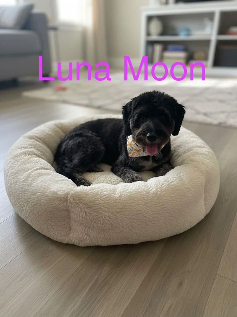 A baby medium-sized female Gray / Blue / Silver Aussiedoodle dog named Luna Moon for adoption in Louisville, KY