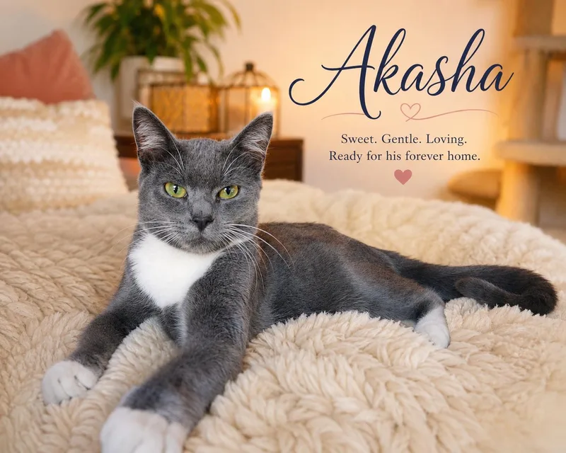 A young small-sized female Gray & White Russian Blue cat named Akasha for adoption in Woodland Hills, CA